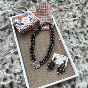 Lia Sophia, black metal necklace and earrings with gemstones